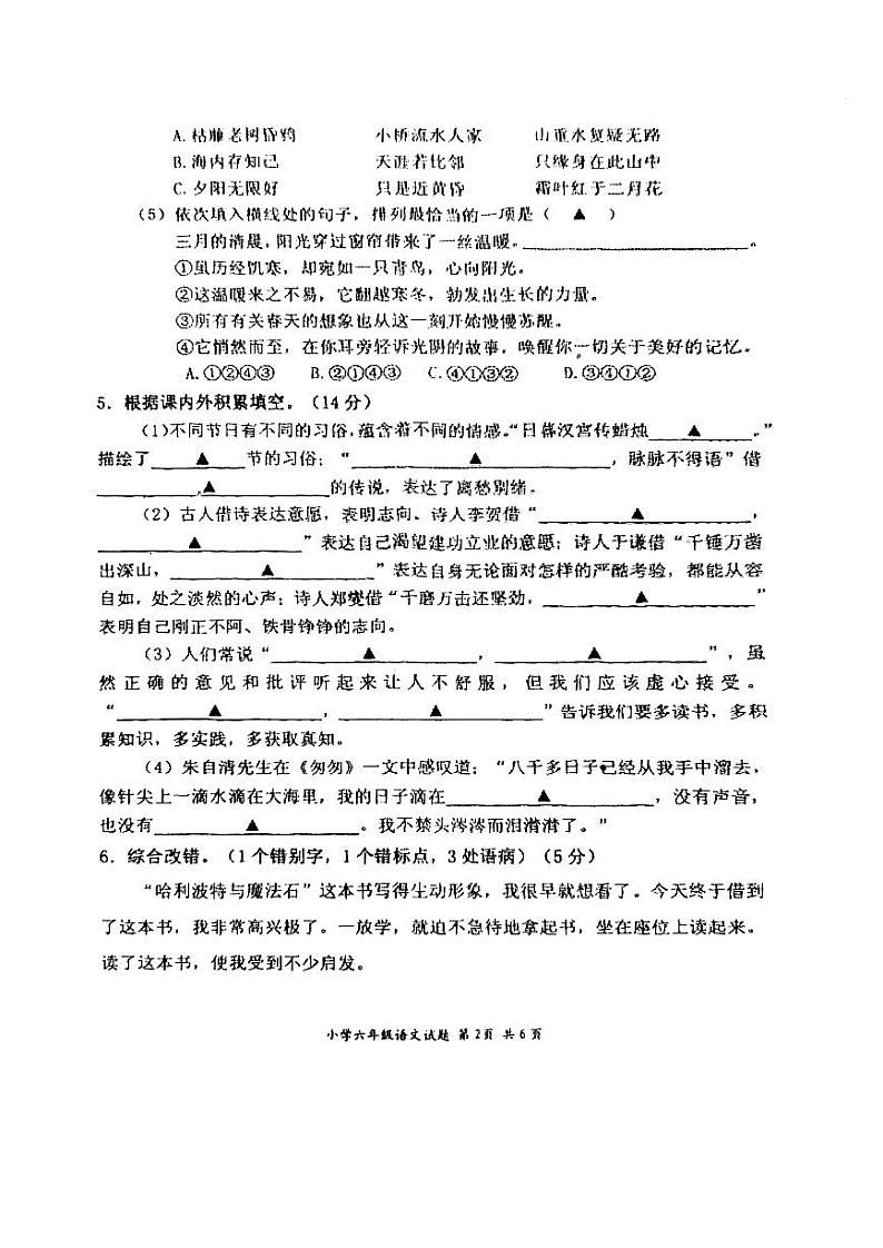 江苏省盐城市阜宁县2023-2024学年六年级下学期期末语文试卷02
