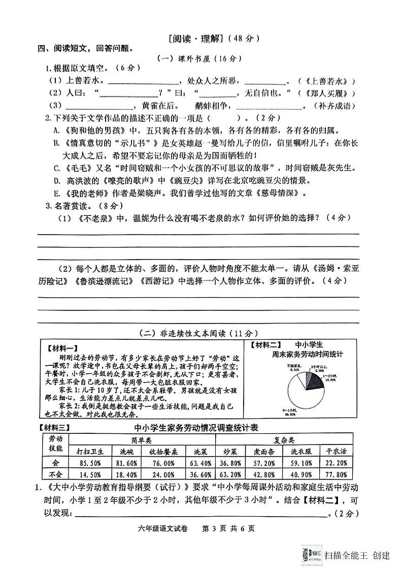 江苏省宿迁市泗洪县2023-2024年六年级下学期期末语文试卷第3页