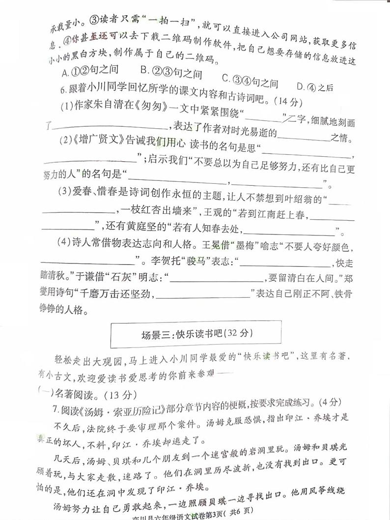 河南省洛阳市栾川县2023-2024学年六年级下学期期末语文试题03
