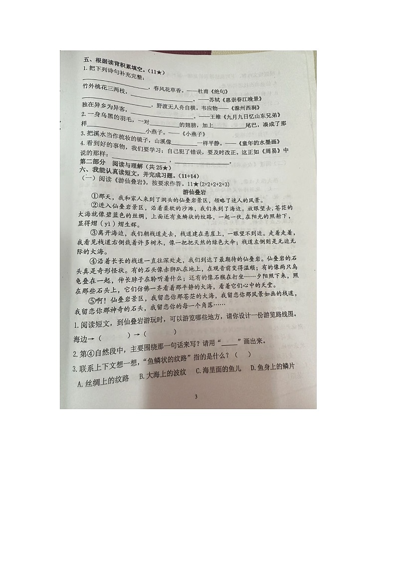 福建省泉州市南安市2023-2024学年三年级下学期期末检测语文试卷第3页