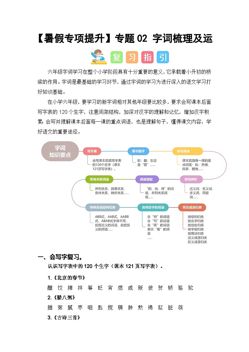 专题02 字词梳理及运用-2024年小升初语文暑假专项提升（统编版）01
