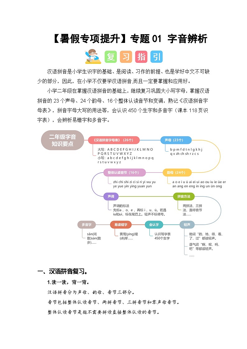 专题01 字音辨析-2024年二升三语文暑假专项提升（统编版）01