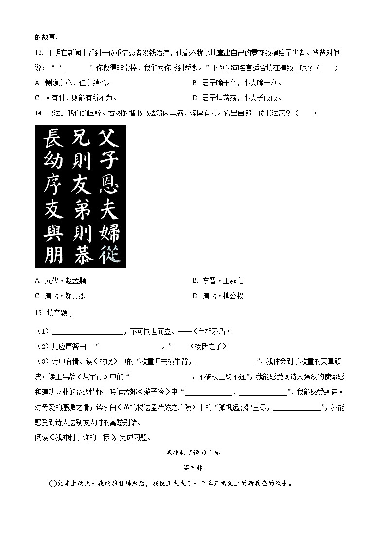 福建省漳州市诏安县2022-2023学年集团校统编版五年级下册期末考试语文试卷（原卷版）第3页