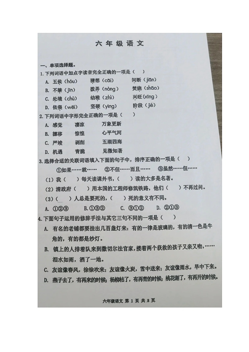 天津市河西区2023-2024学年六年级下学期期末语文试卷01