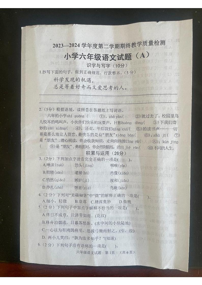 山东省菏泽市鄄城县2023-2024学年六年级下学期6月期末语文试题第1页