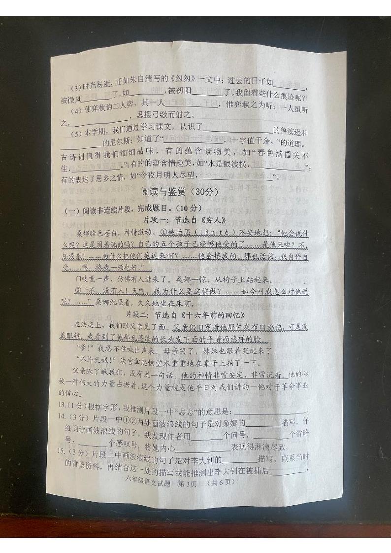 山东省菏泽市鄄城县2023-2024学年六年级下学期6月期末语文试题第3页