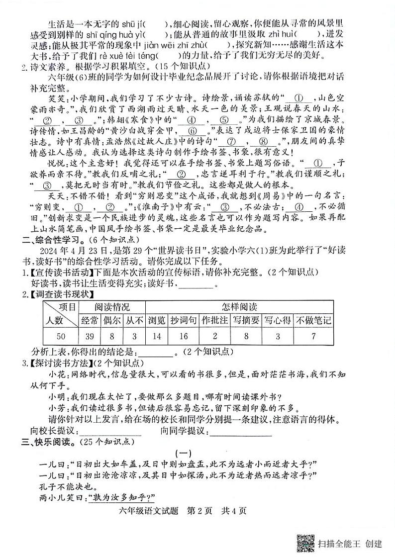 山东省济宁市兖州区2023-2024学年六年级下学期6月期末语文试题02