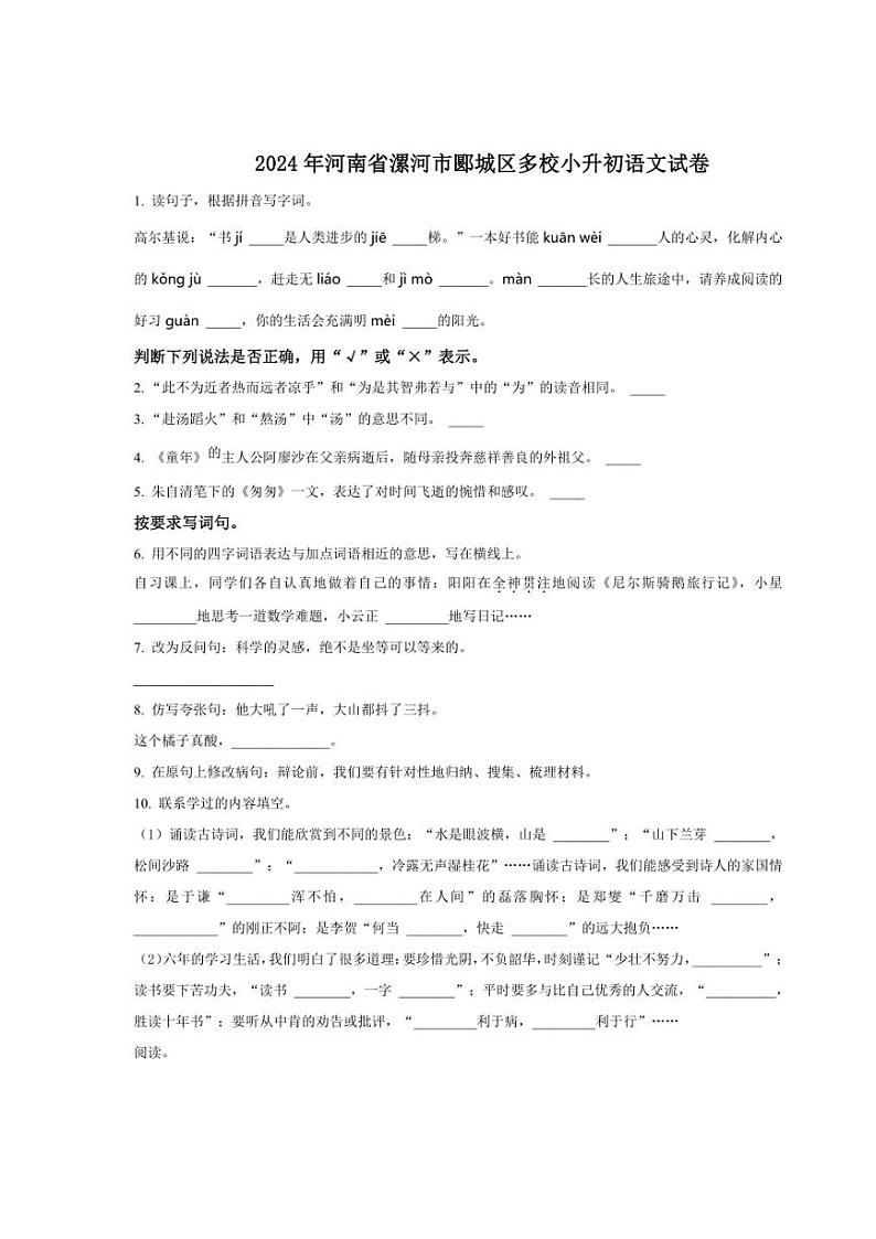 [语文]河南省漯河市郾城区多校2024年小升初考试语文试卷(原卷版)第1页