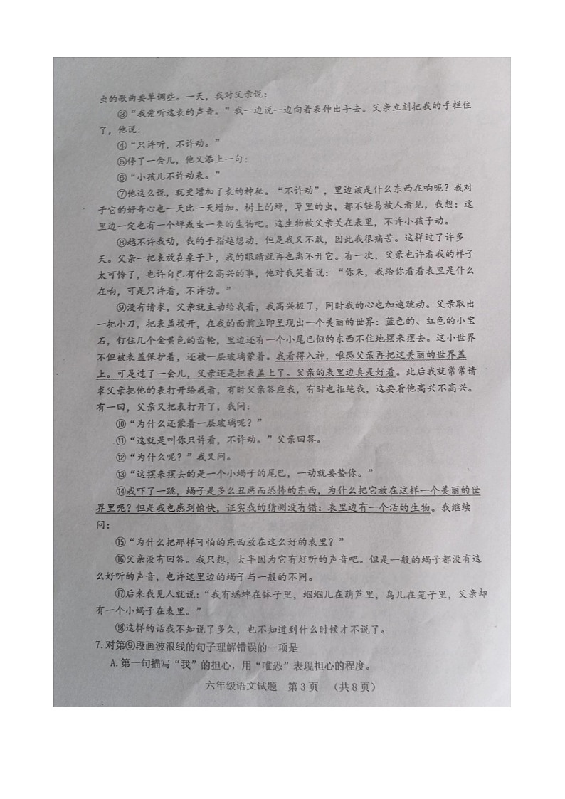 山东省泰安市肥城市（五四学制）2023-2024学年六年级下学期期末考试语文试题+第3页