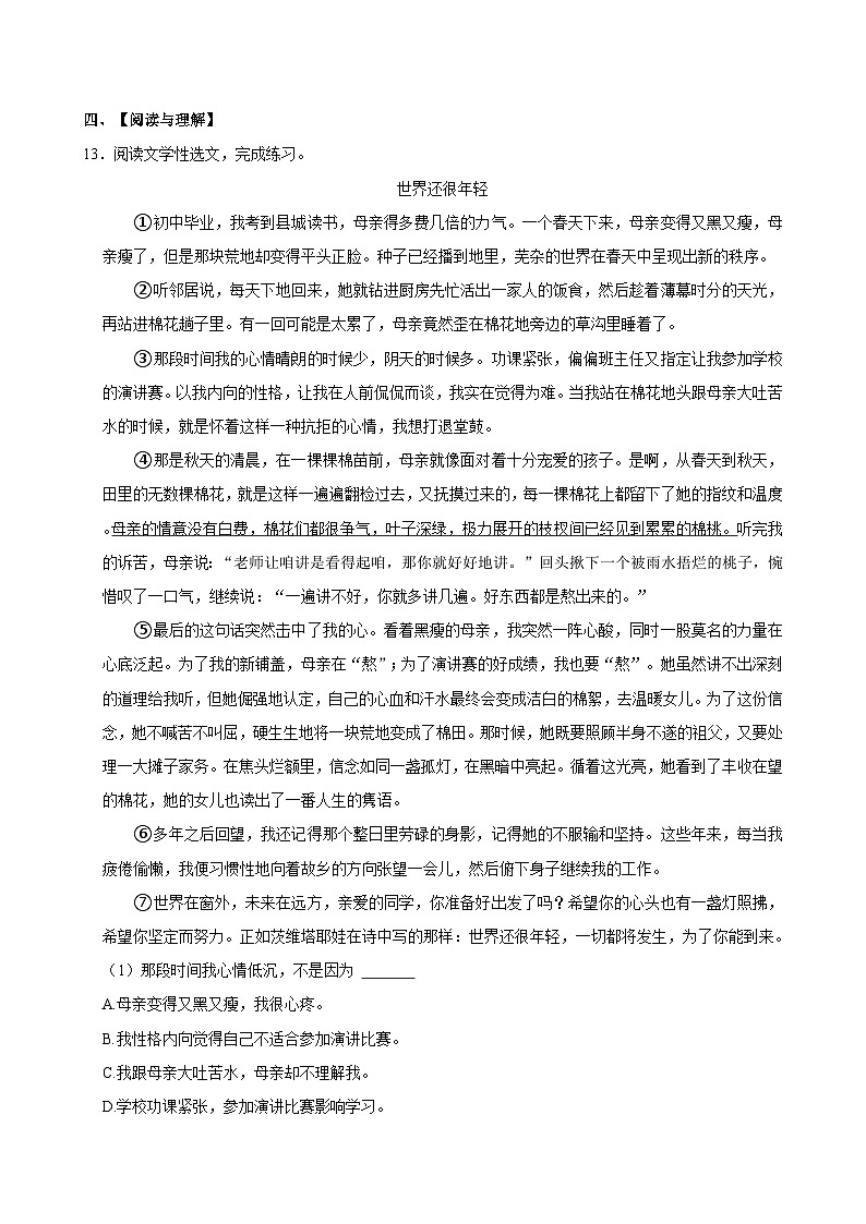 福建省福州市闽侯县实验小学2023-2024学年六年级下学期期末语文试卷03