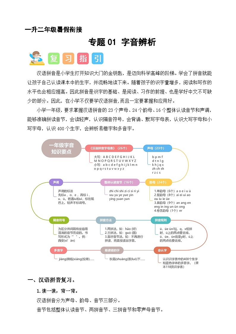 专题01 字音辨析（讲义+练习+答案）2024一升二语文暑假衔接专项提升（统编版全国通用）第1页