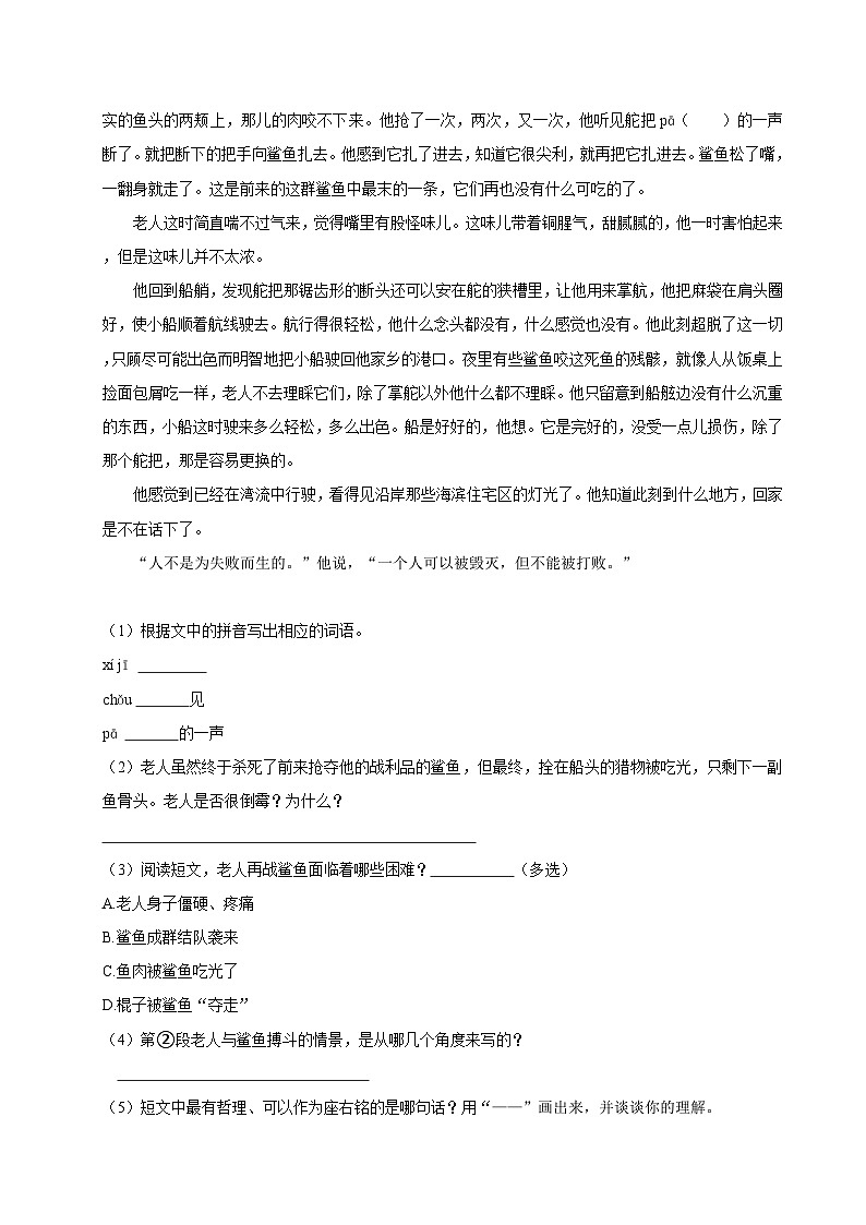 2024年河北省石家庄市辛集市小升初语文试卷03