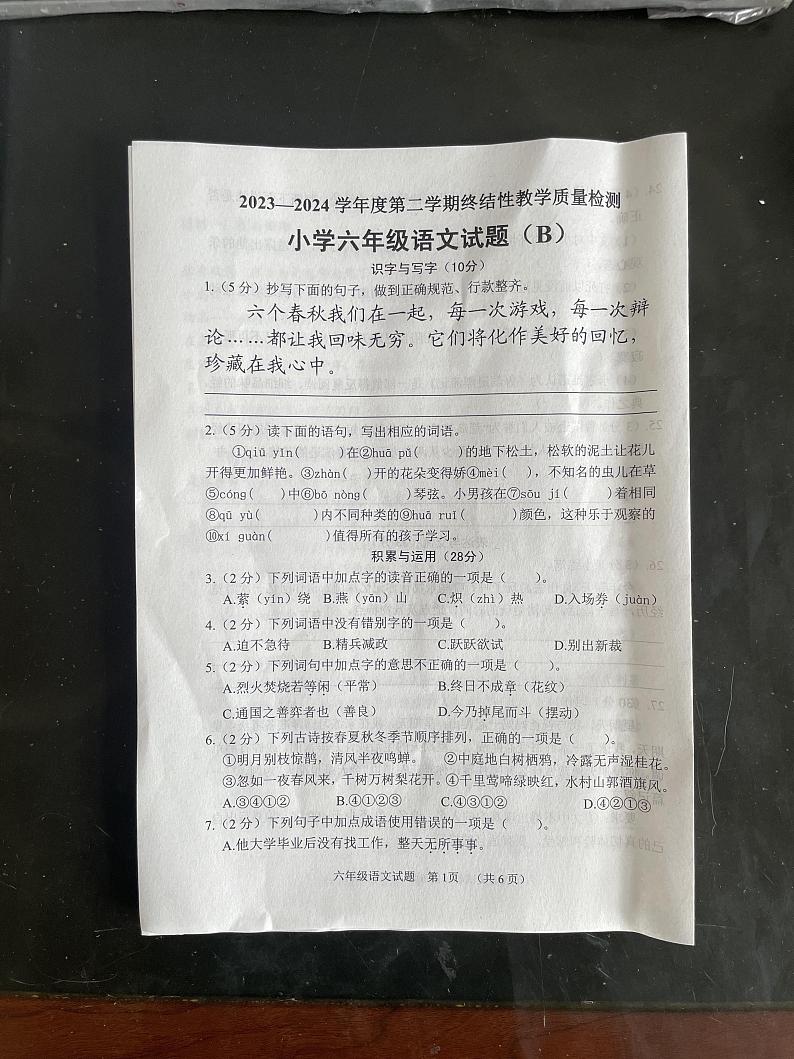 山东省菏泽市鄄城县2023-2024学年六年级下学期7月期末语文试题B第1页