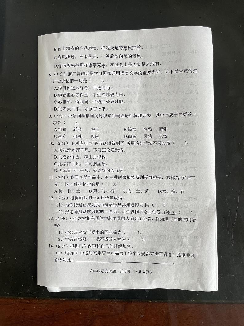 山东省菏泽市鄄城县2023-2024学年六年级下学期7月期末语文试题B第2页