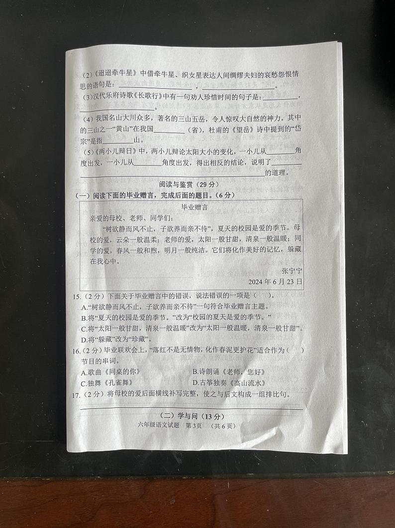 山东省菏泽市鄄城县2023-2024学年六年级下学期7月期末语文试题B第3页