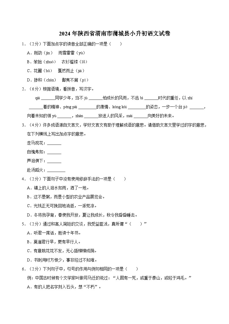 2024年陕西省渭南市蒲城县小升初语文试卷第1页