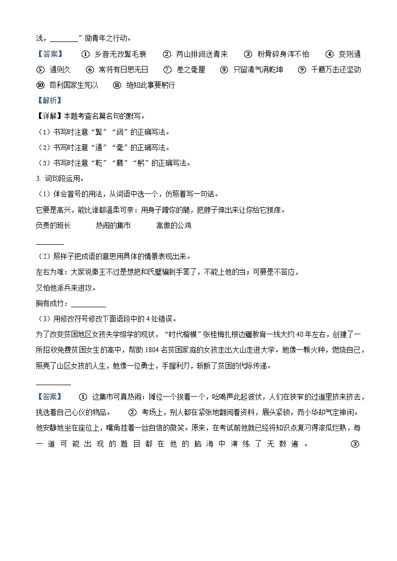 湖北省黄冈市英山县2023-2024学年统编版六年级下册期末考试语文试卷（解析版）第2页