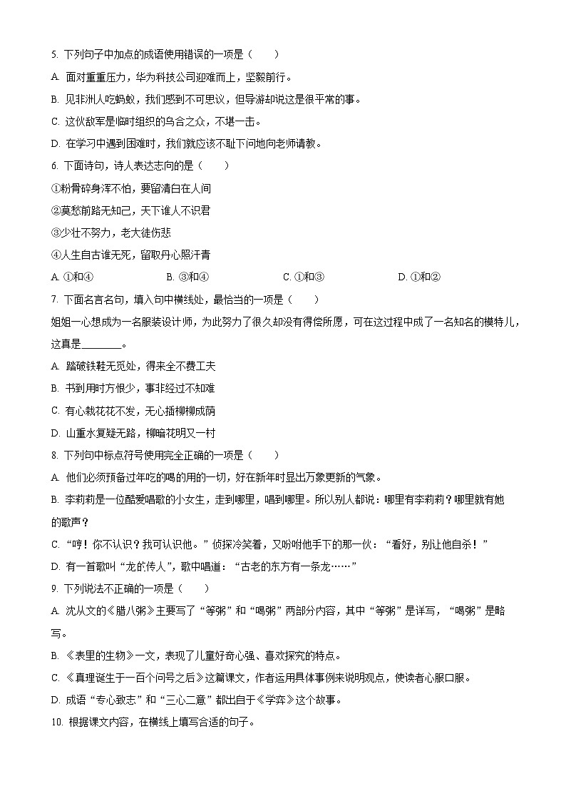 湖北省黄石市大冶市2023-2024学年统编版六年级下册期末考试语文试卷（原卷版+解析版）02