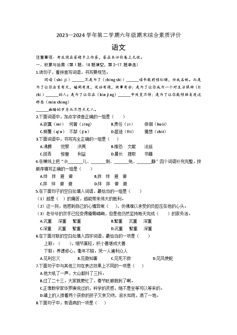 辽宁省沈阳市大东区2023-2024学年六年级下学期期末语文试卷01