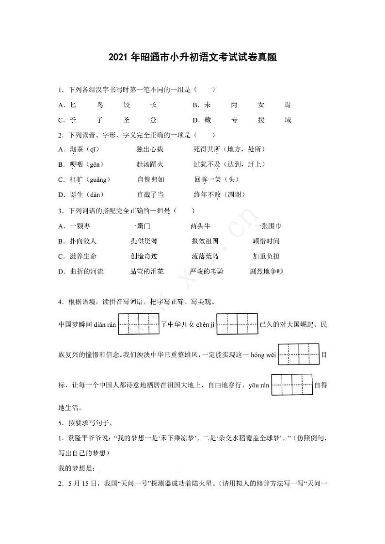 2021年小升初语文试卷01