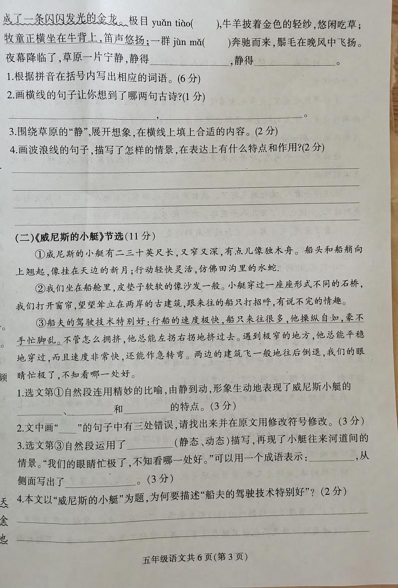 河北省保定市蠡县2023-2024学年五年级下学期7月期末语文试题第3页