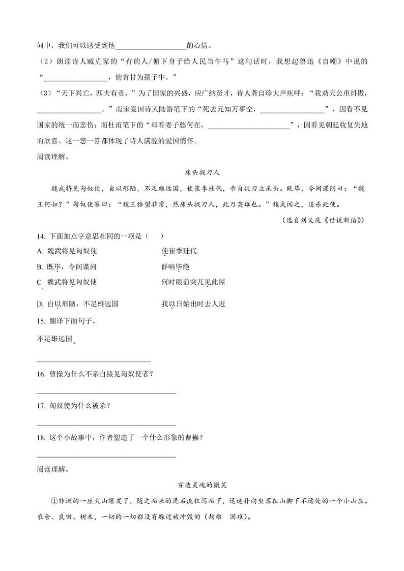 [语文][期末]河南省周口市郸城县实验小学等两校联考2023～2024学年六年级下册期末考试语文试卷(原卷版)第3页