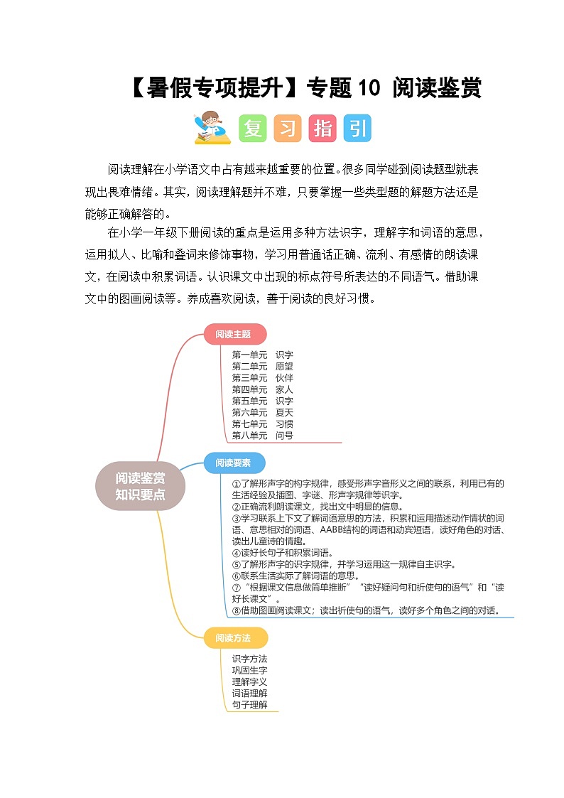 2024年一升二语文暑假专题训练 专题10 阅读鉴赏01