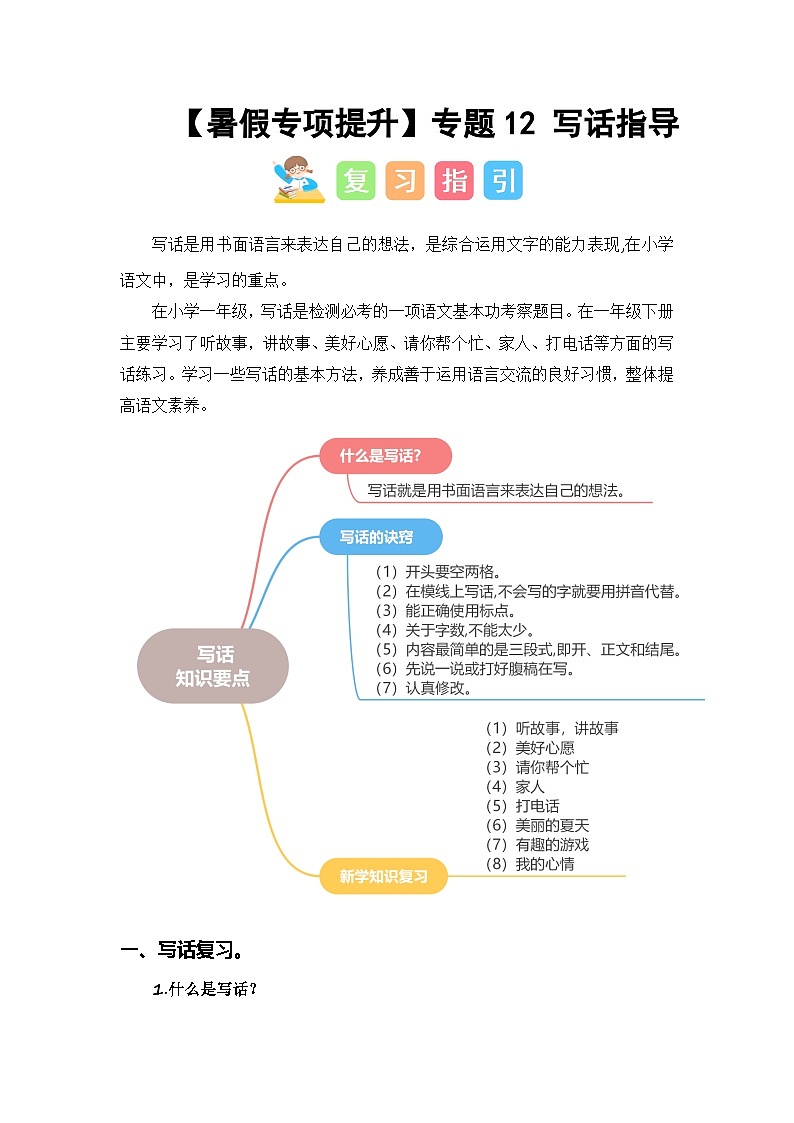 2024年一升二语文暑假专题训练 专题12 写话指导01