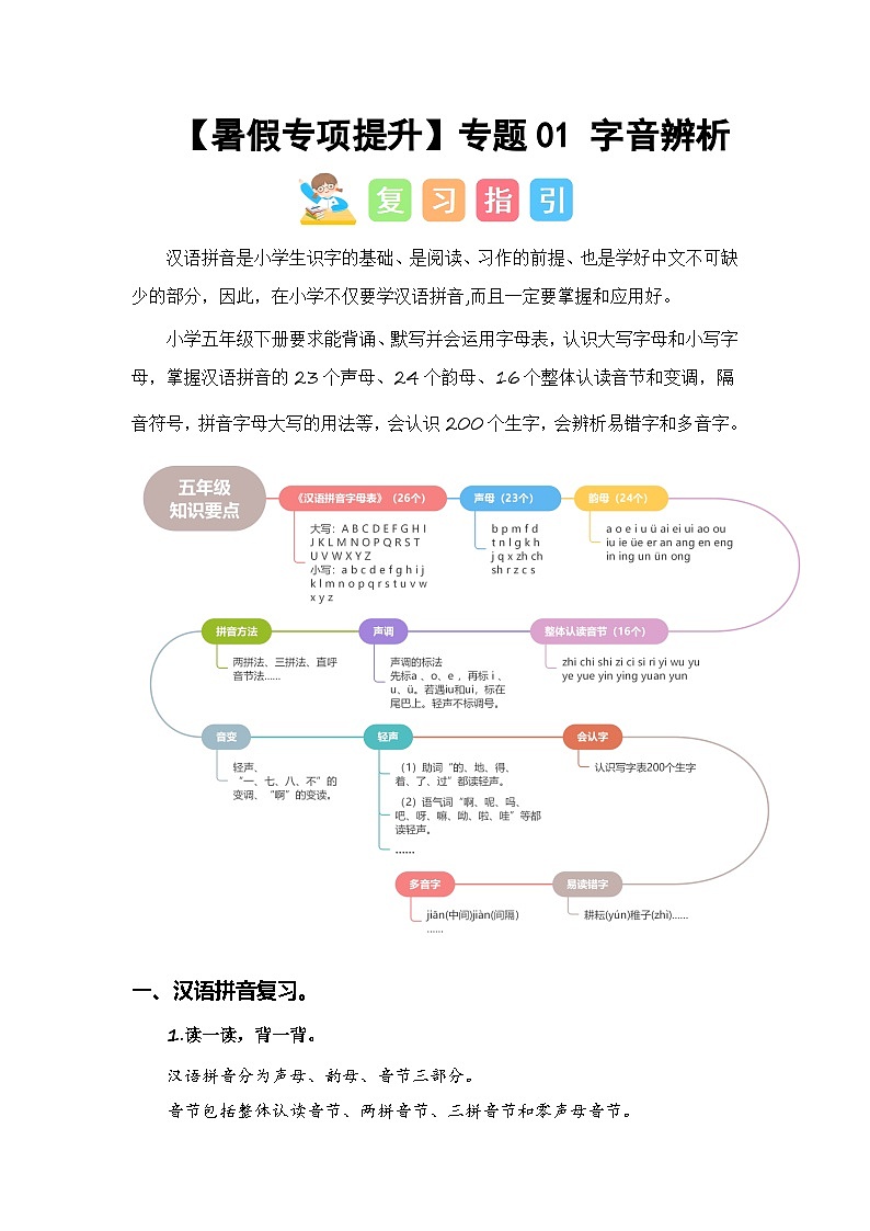 2024年五升六语文暑假专题训练 专题01 字音辨析01