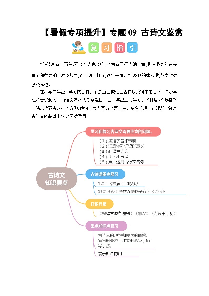 2024年二升三语文暑假专题训练 专题09 古诗文鉴赏01