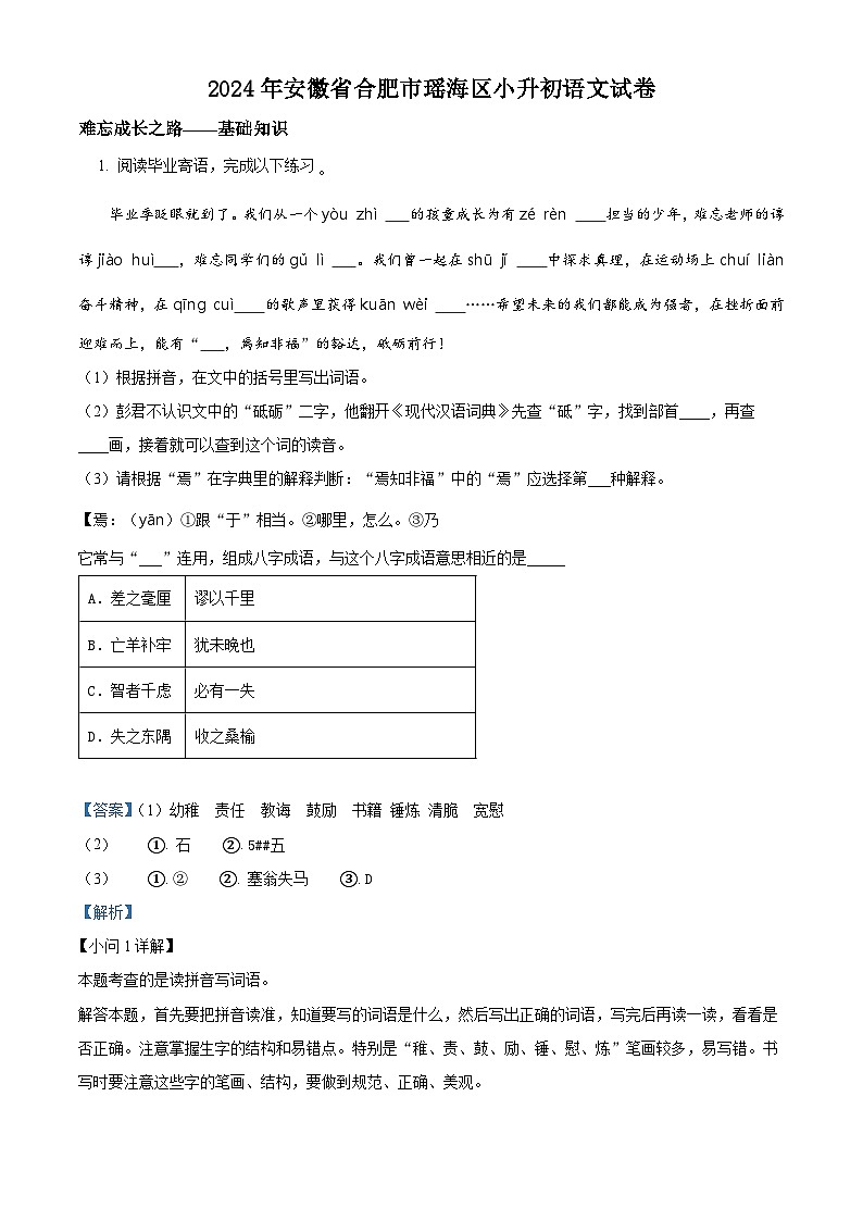 2024年安徽省合肥市瑶海区小升初考试语文试卷（原卷版+解析版）01