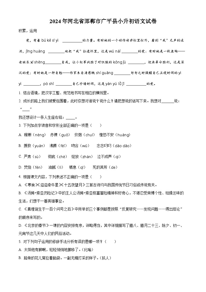 2024年河北省邯郸市广平县小升初考试语文试卷（原卷版+解析版）01