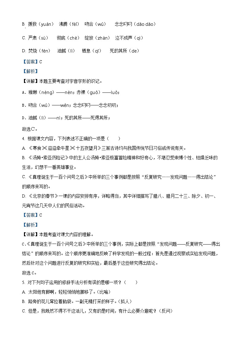 2024年河北省邯郸市广平县小升初考试语文试卷（原卷版+解析版）02