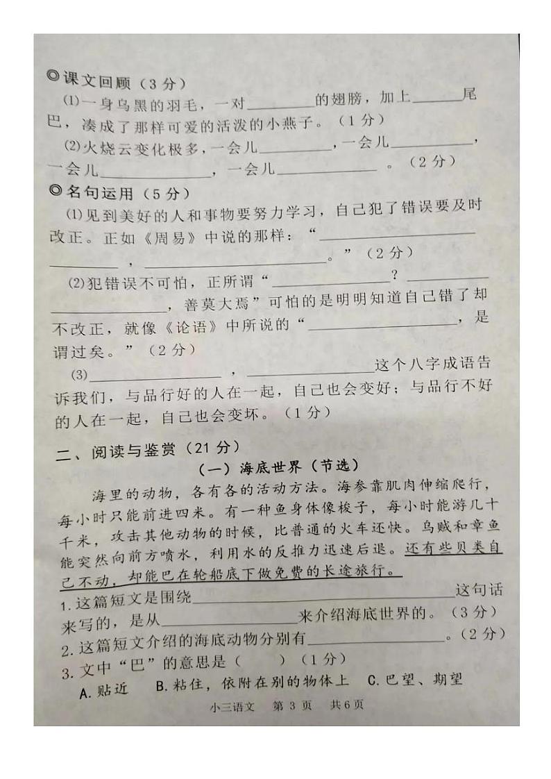 河南省平顶山市卫东区2023-2024学年三年级下学期期末语文试卷03