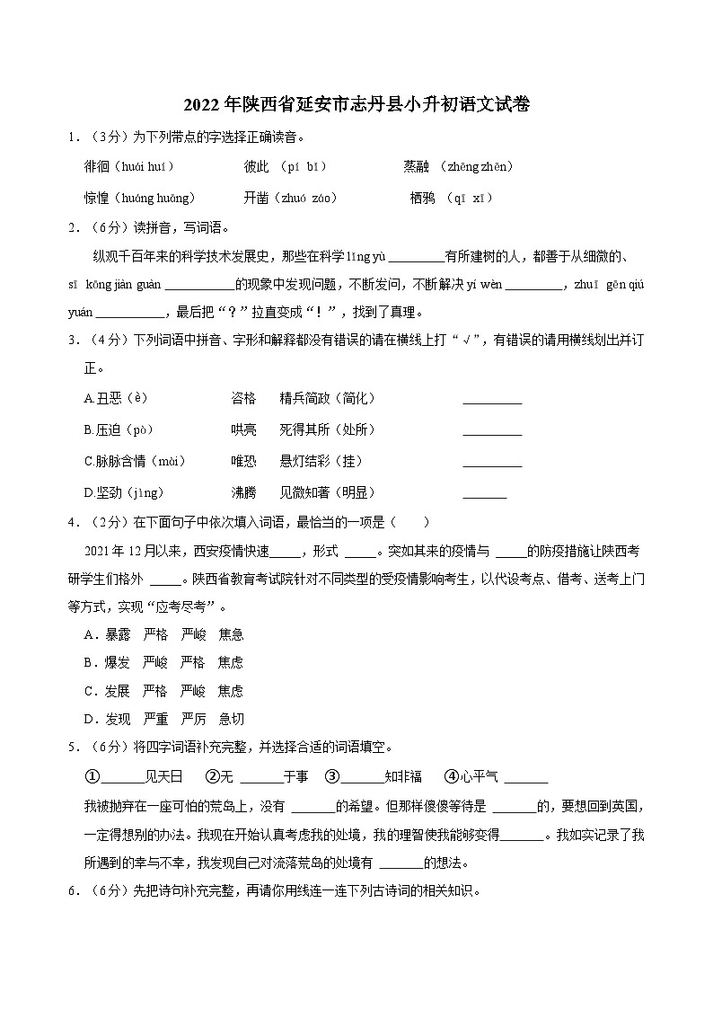 2022年陕西省延安市志丹县小升初语文试卷01