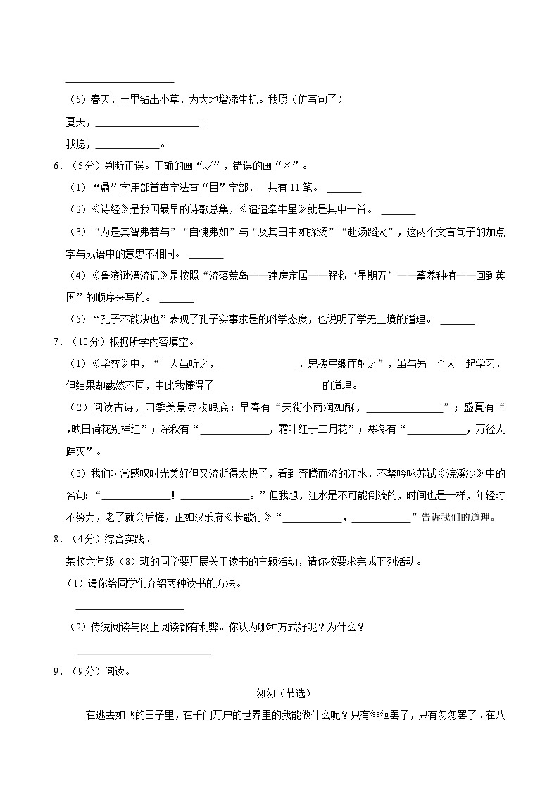 2024年广东省阳江市江城区小升初语文试卷02