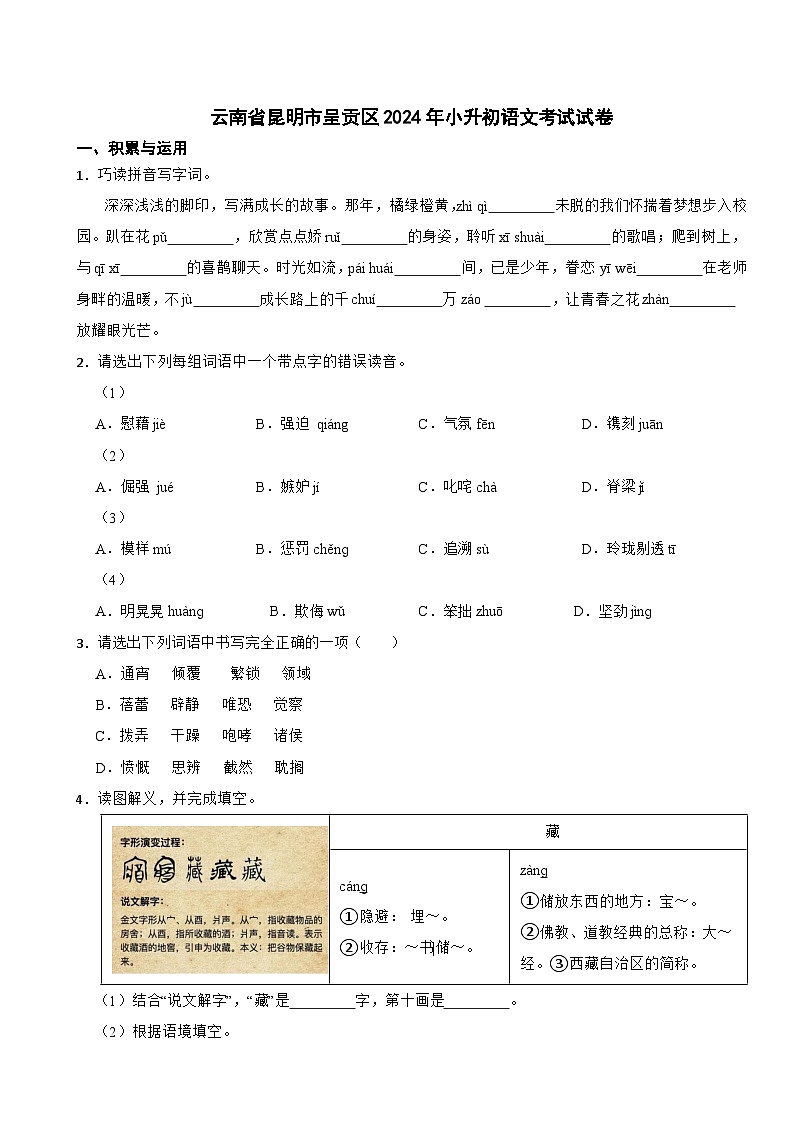 云南省昆明市呈贡区2024年小升初语文考试试卷01