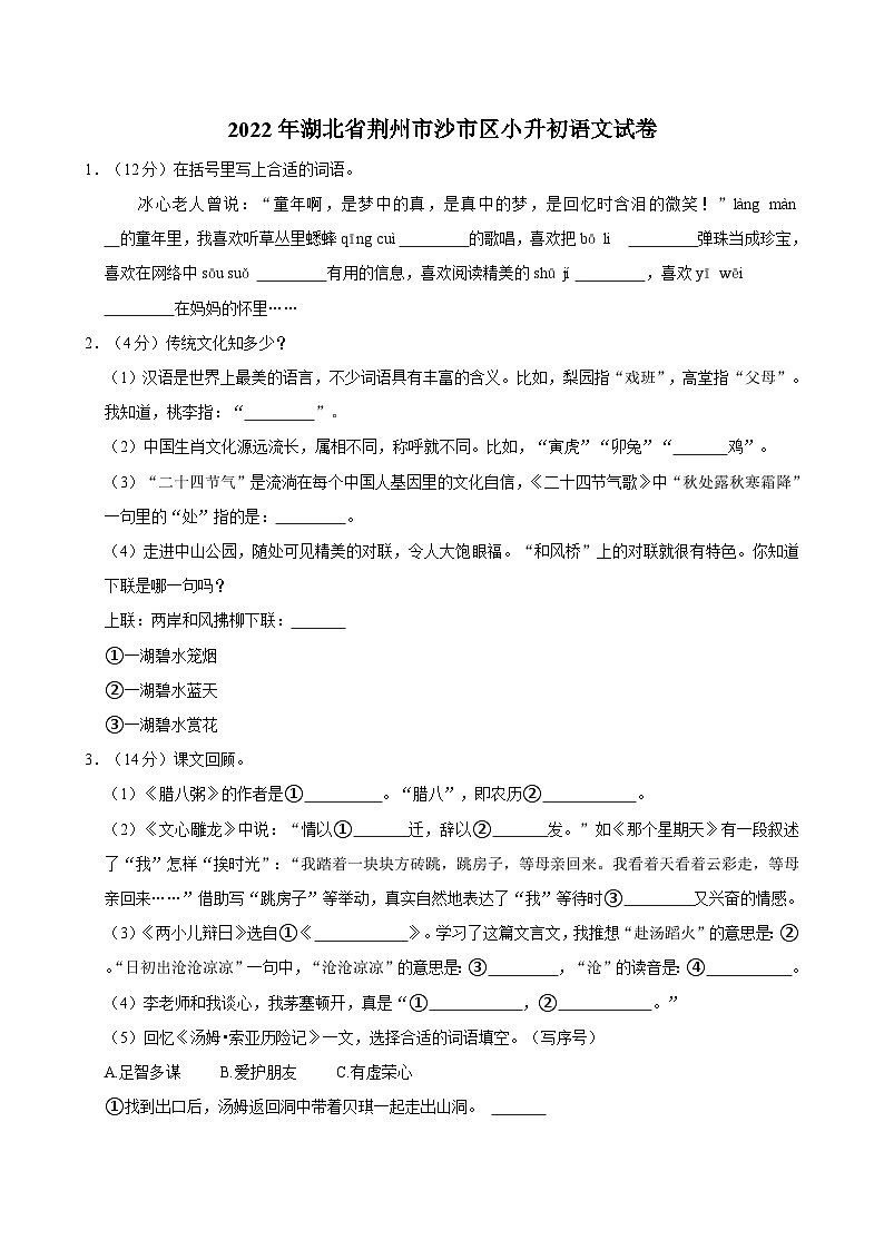2022年湖北省荆州市沙市区小升初语文试卷01