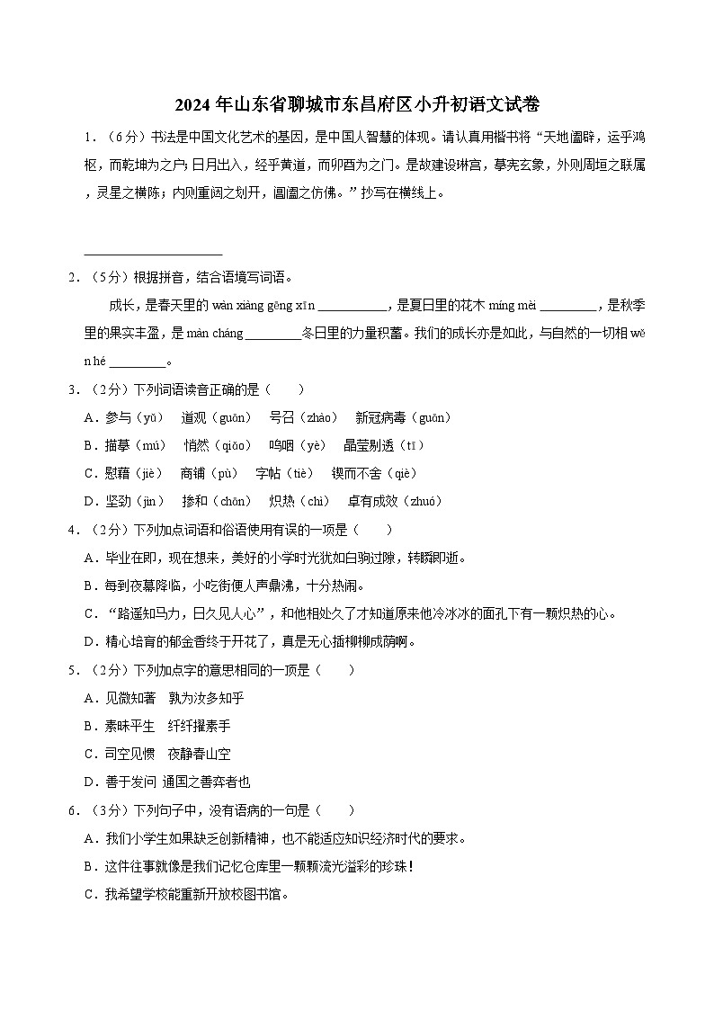 2024年山东省聊城市东昌府区小升初语文试卷01