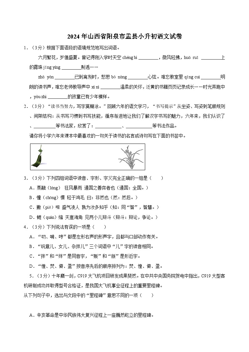 2024年山西省阳泉市盂县小升初语文试卷01