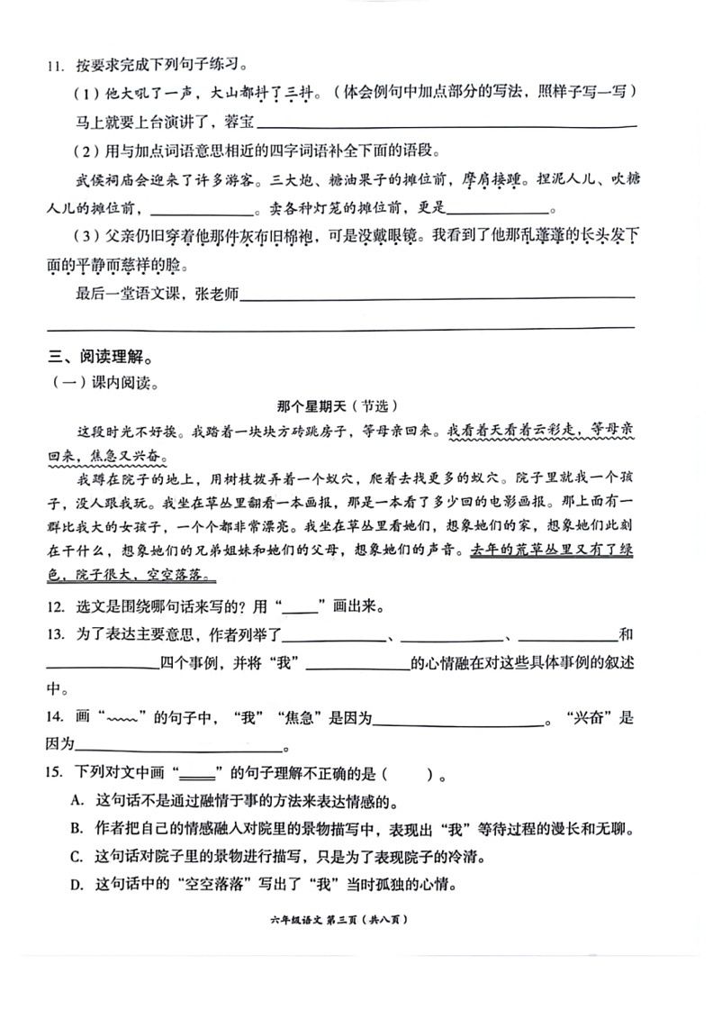[语文]四川省成都市高新区2023～2024学年六年级语文下学期期末试卷(无答案)03