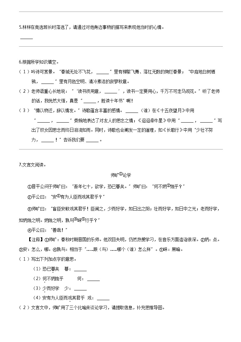[语文]2023_2024学年安徽合肥庐江县六年级下学期期中语文试卷部编版02
