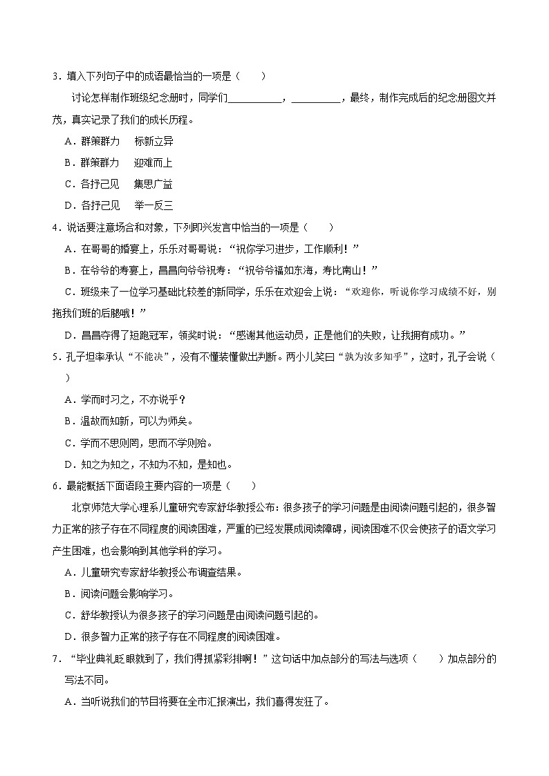 2024年山东省潍坊市昌乐县小升初语文试卷02
