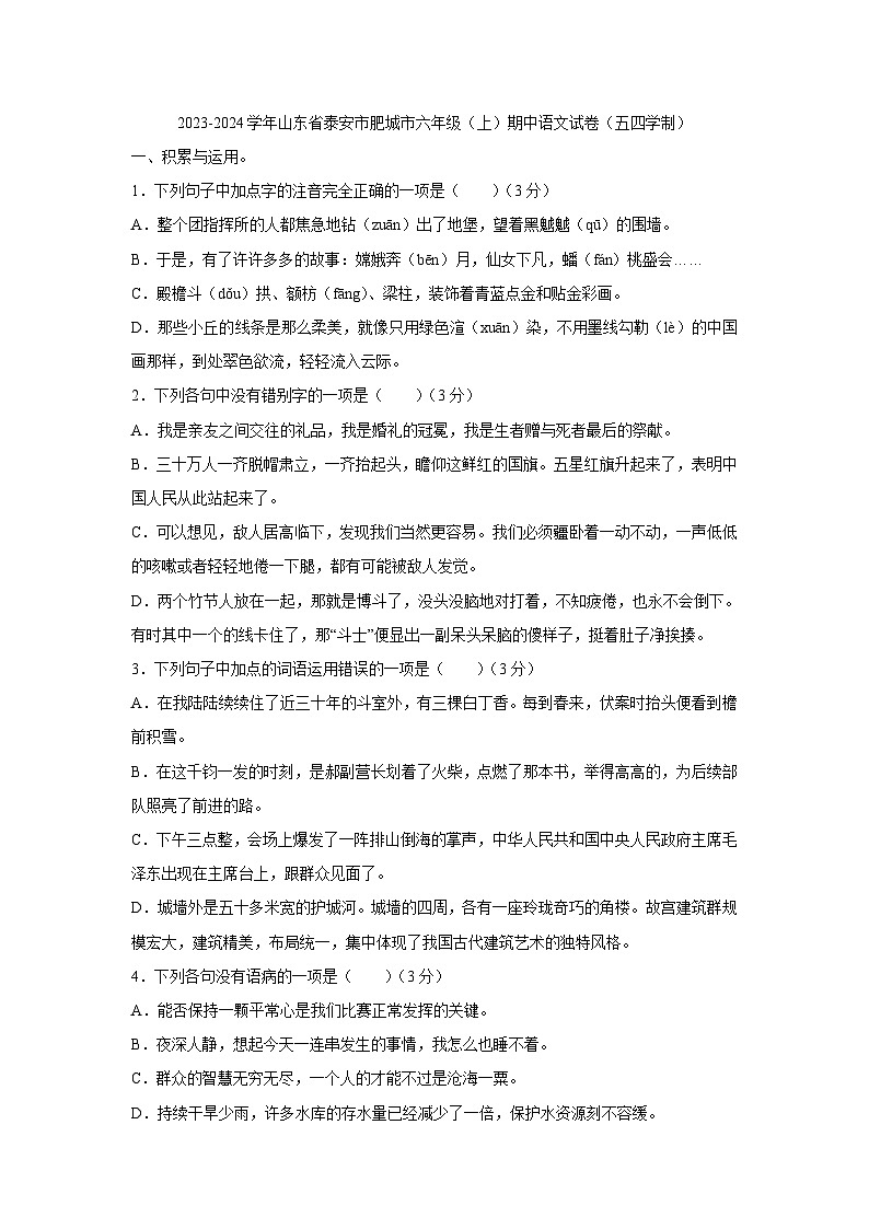 山东省泰安市肥城市（五四制）2023-2024学年六年级上学期期中考试语文试题（含答案）01