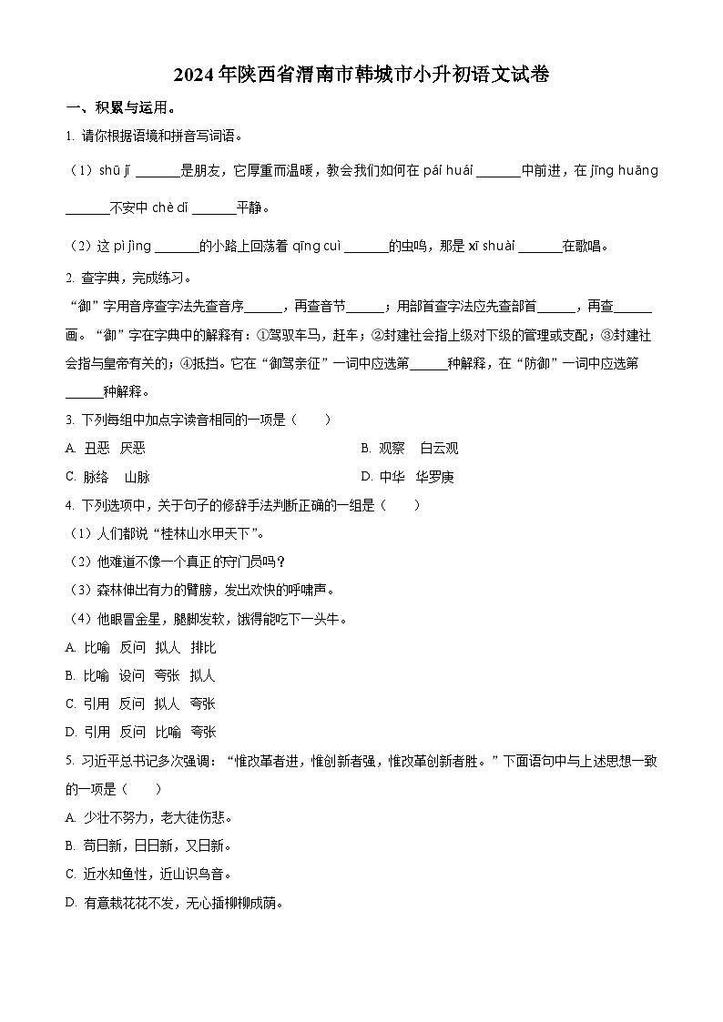 2024年陕西省渭南市韩城市小升初考试语文试卷（原卷版+解析版）01
