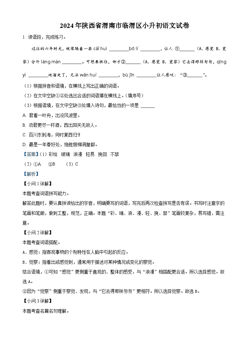 2024年陕西省渭南市临渭区小升初考试语文试卷（原卷版+解析版）01