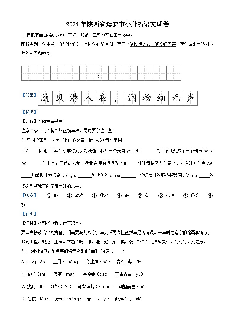 陕西省延安市2024年统编版小升初考试语文试卷（解析版）第1页