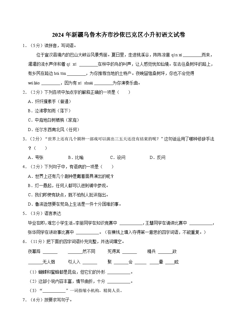 2024年新疆乌鲁木齐市沙依巴克区小升初语文试卷01