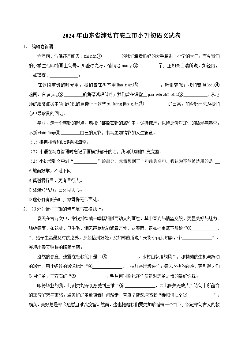 2024年山东省潍坊市安丘市小升初语文试卷第1页