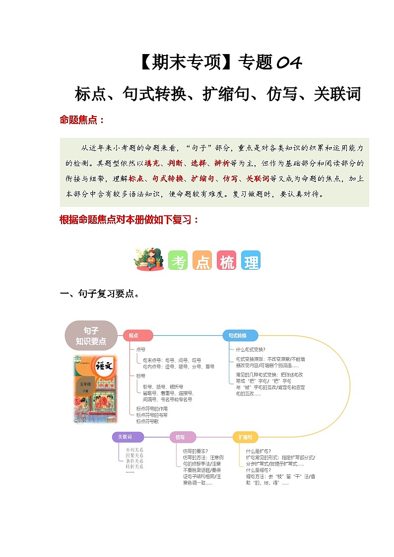 2023-2024学年五年级语文下学期期末专题复习——标点、句式转换、扩缩句、仿写、关联词（统编版）01